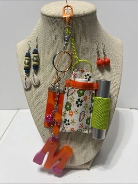 Gift Set Orange & Green Keychain Double Lip Balm Holder Purse Charm 2pr earrings